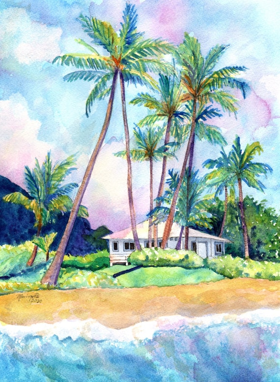 Gillins Beach House Art Print, Beach House Painting, Kauai Wall Art, Kauai Beach, Tropical Beach Decor, Gillians House on the Beach