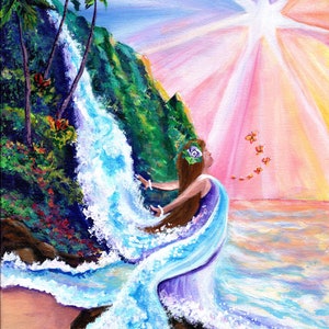 Goddess of Confidence, Fine Art Print, Kauai Seascape with waterfall, Hawaiian Art, Hawaii Decor, Divine Feminine, sun palm trees, starburst