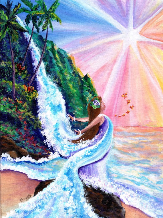 Goddess of Confidence, Fine Art Print, Kauai Seascape with waterfall, Hawaiian Art, Hawaii Decor, Divine Feminine, sun palm trees, starburst