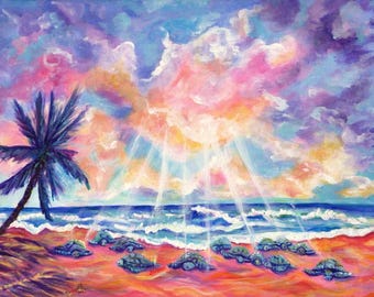 Hawaii Sea Turtles at the Beach Art Print, Hawaiian Wall Art, Kauai Poipu Beach, Honu, Sunset
