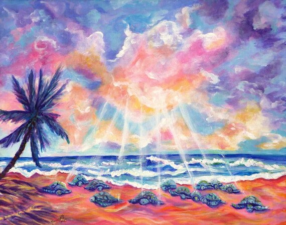 Hawaii Sea Turtles at the Beach Art Print, Hawaiian Wall Art, Kauai Poipu Beach, Honu, Sunset