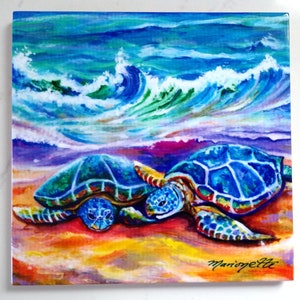 Azulejo de cerámica de las adorables tortugas marinas verdes de Kauai, Hawái, arte de Marionette, salvamanteles, playa de Poipu