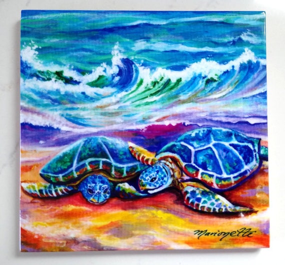 Loving Green Sea Turtles of Kauai Hawaii Ceramic Tile, Art by Marionette, Trivet, Poipu Beach