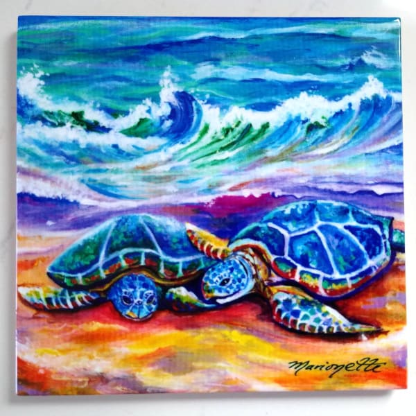 Azulejo de cerámica de las adorables tortugas marinas verdes de Kauai, Hawái, arte de Marionette, salvamanteles, playa de Poipu