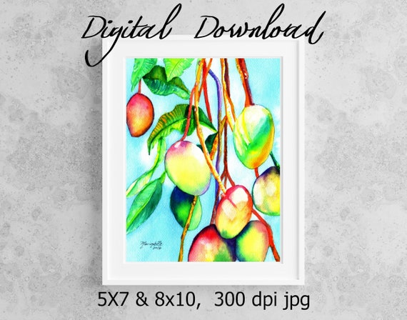 Mango Print Digital Download 8x10 5x7 jpg Watercolor Print Printable wall art Downloadable Aloha Decor Mangoes Tropical Fruit Hawaii Art