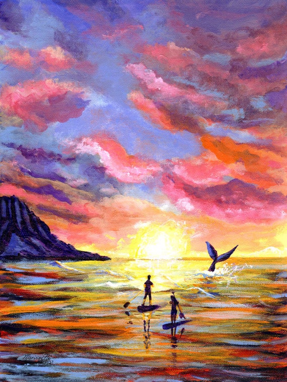 Sunrise Paddleboard, Kauai Print, Hawaii Painting, Whale Tail Art, Kauai Wall Art, Kauai Decor, Hawaiian Art, Ocean Life, Paddleboarders