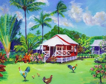 Red Waimea Plantation Cottage House with Chickens and Roosters from Kauai Hawaii