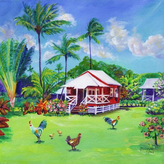 Red Waimea Plantation Cottage House with Chickens and Roosters from Kauai Hawaii