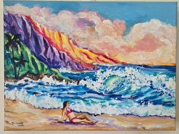 Original Acrylic Painting, Kauai Beach Scene with Lady Relaxing