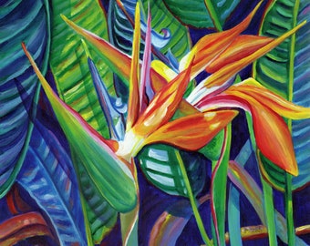 May include: A vibrant painting of a bird of paradise flower with orange, yellow, and red petals. The flower is surrounded by green and blue leaves.