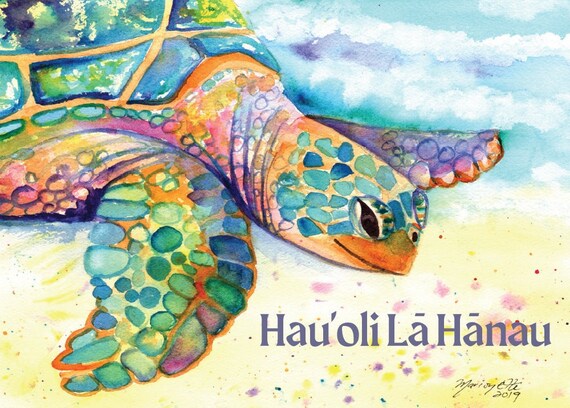 Hawaii Birthday Card, Beach Sea Turtle, Hawaiian Happy Birthday, Hauoli La Hanau, Tropical Birthday, Printable, DIY Greeting Card, PDF 5x7