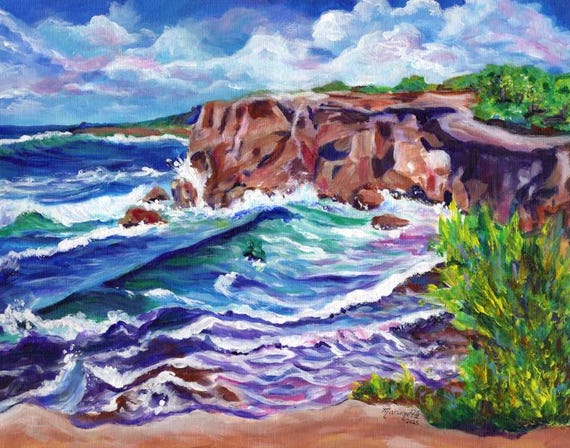 Kauai Seaside Trail Art Print, Mahaulepu Heritage Beach, Hawaiian Painting, Ocean Wave Seascape