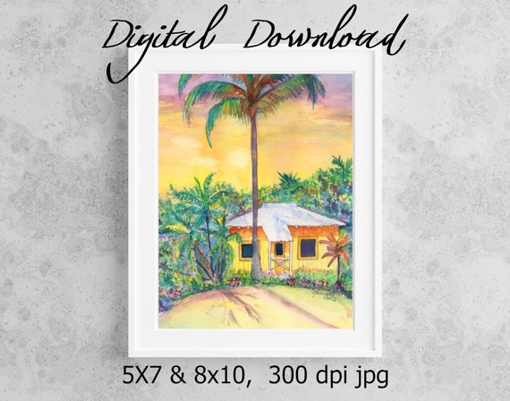 Tropical Cottage Print Digital Download 8x10 5x7 jpg Watercolor Print Printable wall art Downloadable Hawaii Decor Hawaiian Cottage House