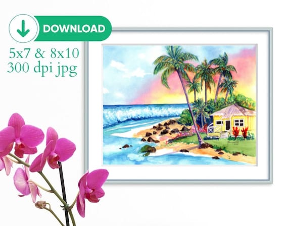 Beach Cottage, Digital Print jpg, Instant Download, Hawaii Seascape, cottage painting, printable, art print, palm trees