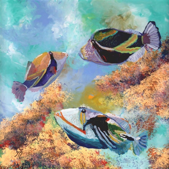 tropical fish art, trigger fish art, humuhumu art,  ocean art paintings, hawaiian fish art, gifts for him, fish art prints, under the sea