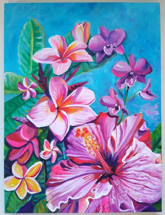 Tropical Hawaiian Flowers Original Acrylic Painting - Plumeria, Hibiscus, Orchids