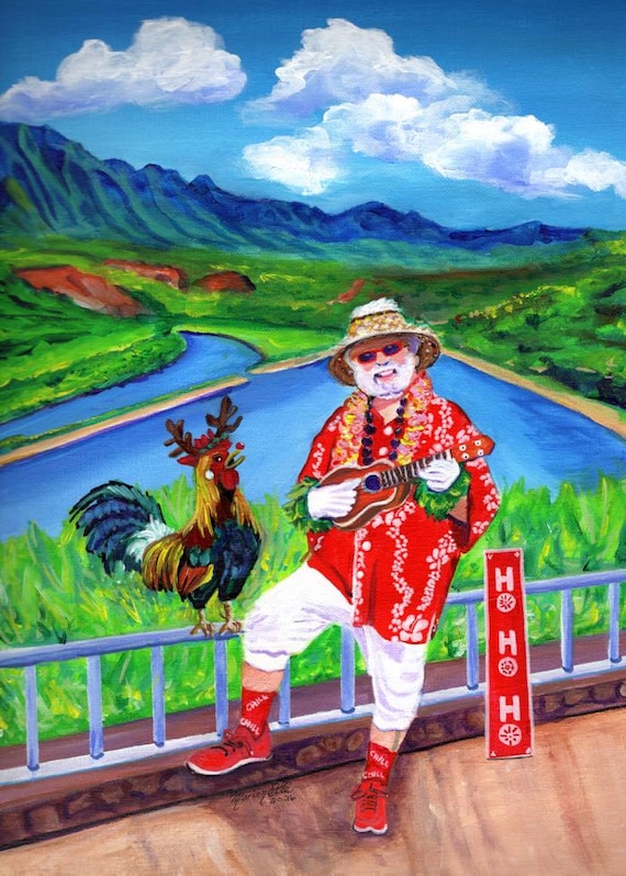 Santa in Paradise with Rudy the Rooster Kauai Hawaiian Christmas Card (PDF)