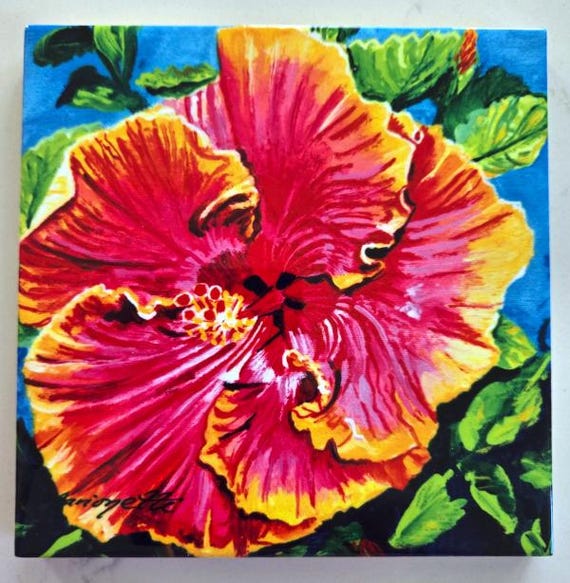 Happy Hibiscus Ceramic Tile, Kauai Hawaii Art by Marionette, Trivet