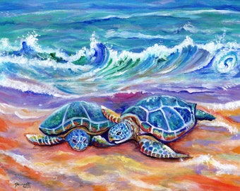 Hawaiian Sea Turtles Art Print, Hawaii Wall Art, Kauai Poipu Beach, Honu Hugs and Love