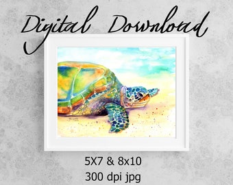 Digital nedladdning av konsttryck av sköldpadda, 8x10, 5x7, jpg, akvarelltryck, utskrivbar väggkonst, nedladdningsbar, havssköldpadda, Hawaii, Honu, barnrumsdekor