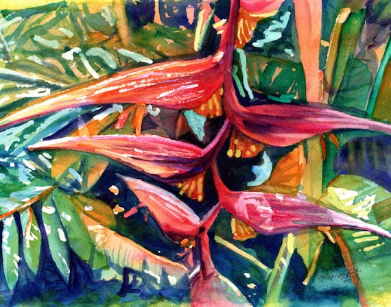 Heliconia Art Print, Hanging Heliconia Painting, Tropical Flower Decor, Kauai Fine Art, Hawaiian Wall Art, Hawaii Exotic Flowers