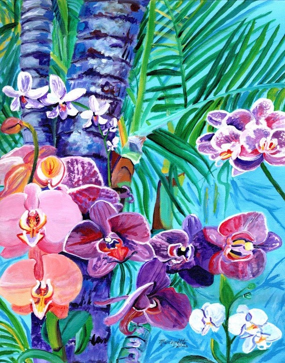 Orchid art print, orchid garden, tropical flower painting, hawaii decor, hawaiian wall art, housewarming gift, orchids on palm trees