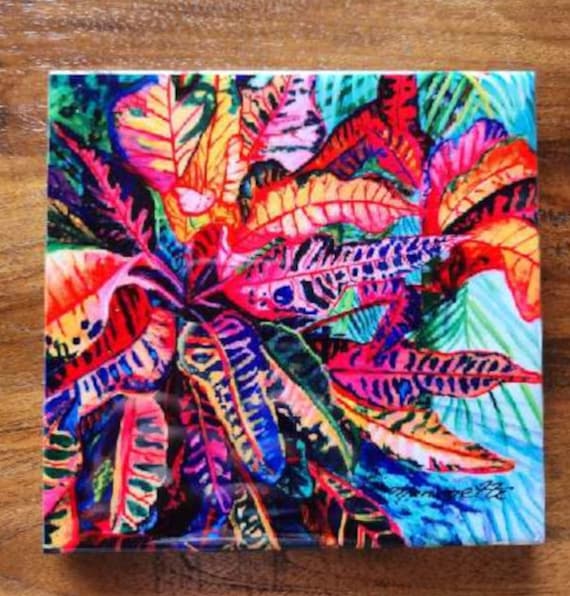 Croton Ceramic Tile, Kauai Hawaii Art by Marionette, Trivet