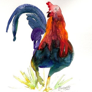 Sumi Style Kauai Rooster art print red orange blue teal chicken