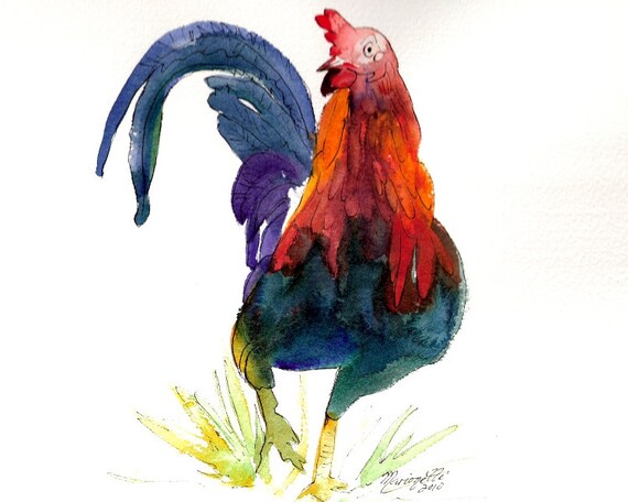 Sumi Style Kauai Rooster art print red orange blue teal chicken