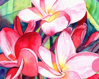 May include: Watercolor painting of pink and white plumeria flowers with yellow centers. The flowers are set against a backdrop of green leaves and a colorful blend of blue, purple, and green hues. The artwork is signed "Marie 2017".
