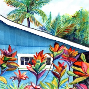 Hanalei Cottage, Kauai art, kauai art print, blue cottage, Hawaiian art, tropical house, Hawaiian decor, plantation house, Hanalei town