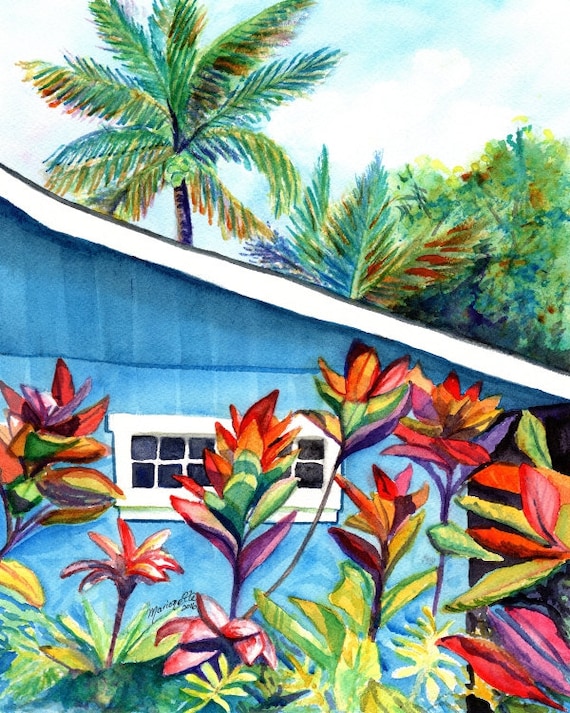 Hanalei Cottage, Kauai art, kauai art print, blue cottage, Hawaiian art, tropical house, Hawaiian decor, plantation house, Hanalei town