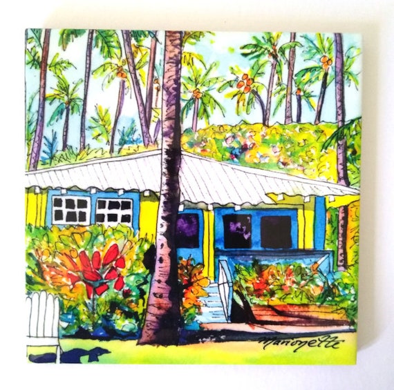 Yellow Waimea Plantation Cottage Kauai Hawaii Ceramic Tile, Art by Marionette, Trivet