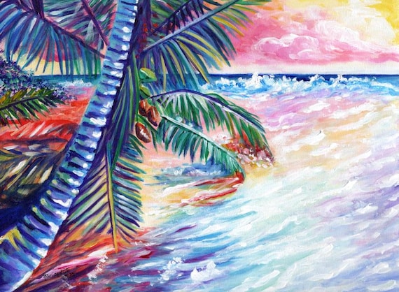 Tropical Hawaiian Paradise from Kauai Hawaii Original Acrylic Painting with Coconut Palms and Ocean Waves