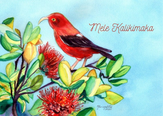 Hawaiian Christmas Card Printable, Mele Kalikimaka Christmas Card Download, Hawaii Christmas, Iiwi Bird, Red Ohia Lehua, DIY Card, 5x7 card