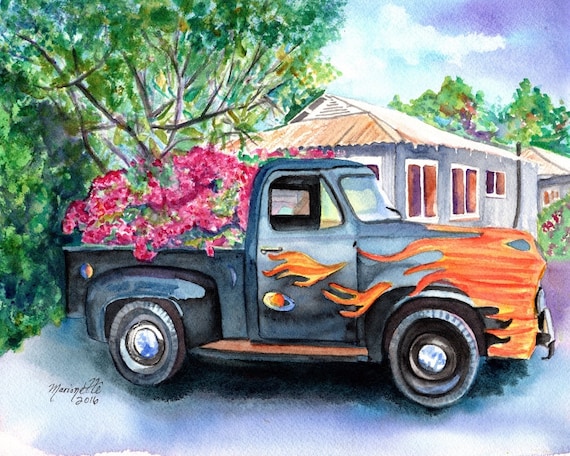 pickup truck print, kauai art, hanapepe truck, kauai art print, classic truck, truck with flames Hawaii art, gifts for him, kauai artist