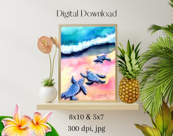 Baby Sea Turtles Downloadable Print jpg, Sea Life Decor, wall art, honu, digital download, printable, art print, hawaii kauai oahu maui