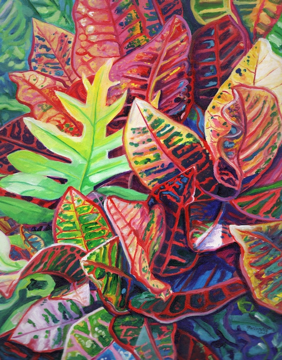 Tropical Garden, Croton Art Print, Hawaiian Paintings, Hawaii Decor, Colorful Plant, Rainbow Leaves, Modern Decor , Kauai Maui Oahu