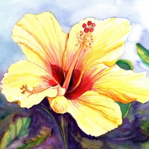 yellow hibiscus art print, hawaii prints, hawaiian art, hibiscus paintings, kauai maui oahu,  hawaiiana, tropical flowers, aloha