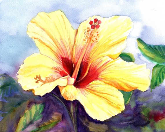 yellow hibiscus art print, hawaii prints, hawaiian art, hibiscus paintings, kauai maui oahu,  hawaiiana, tropical flowers, aloha