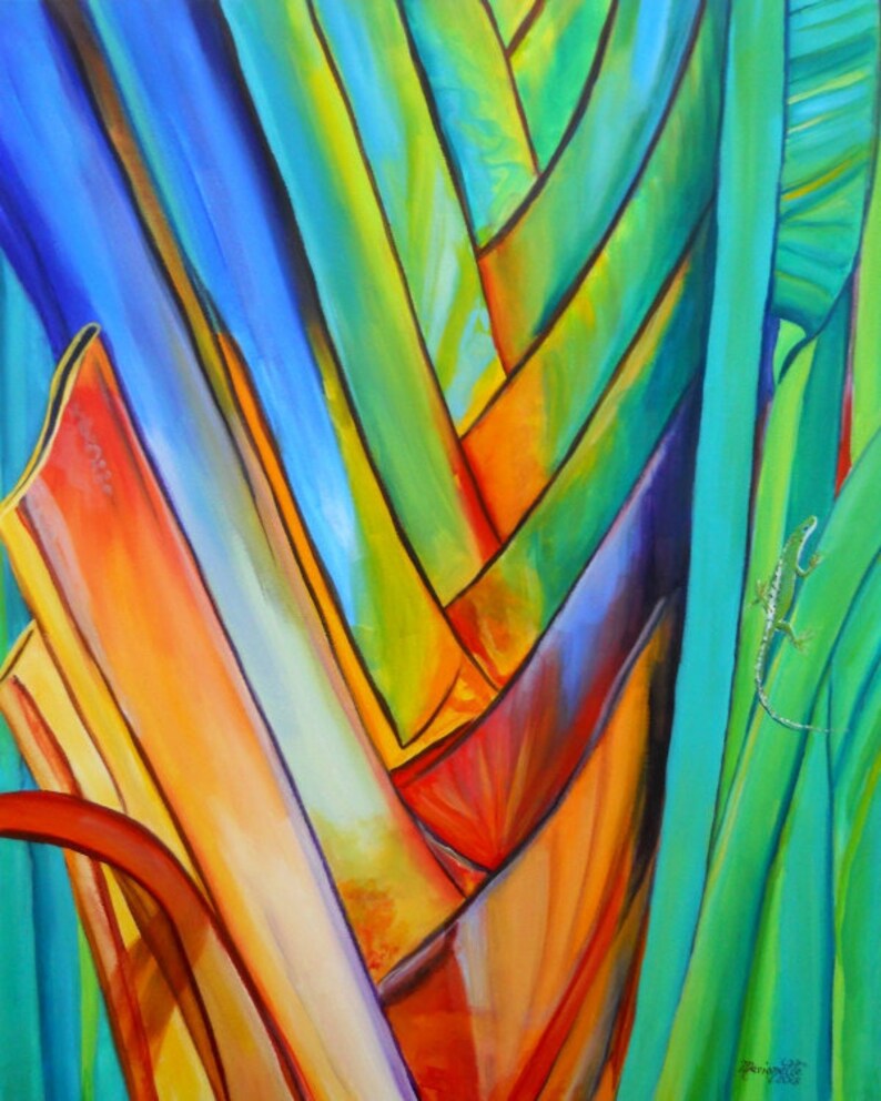 May include: Abstract painting of a tropical plant with vibrant colors, including blue, green, orange, and yellow. The plant's leaves are arranged in a geometric pattern, creating a sense of depth and movement. A small lizard is visible on the right side of the painting.