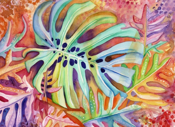 Monstera Original Watercolor Painting, Colorful Ferns Tropical Leaves from Kauai Hawaii