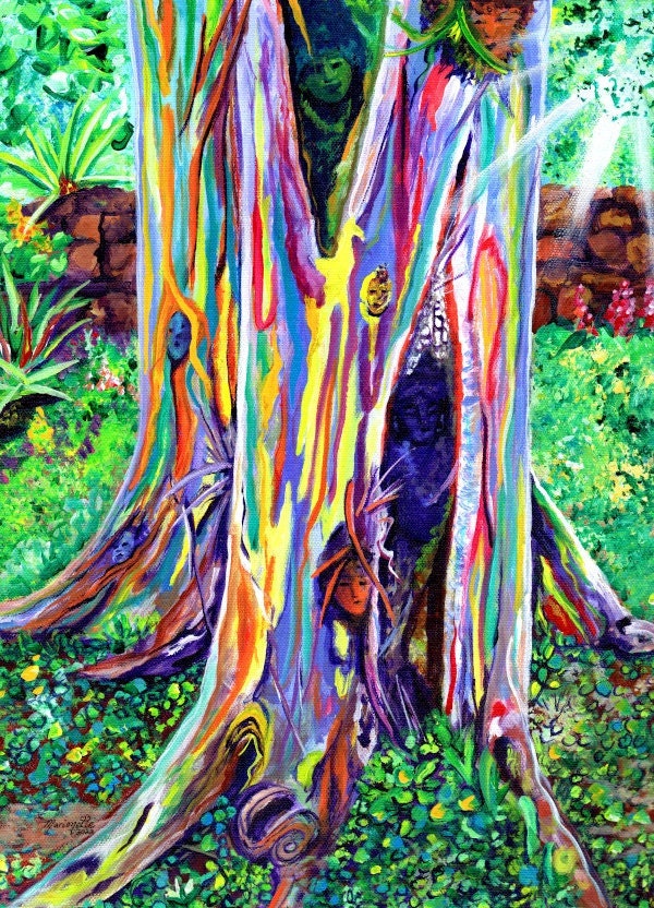 Rainbow Eucalyptus Tree, Kauai Original Acrylic Painting, OOAK Art