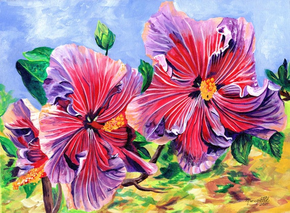 hibiscus art print,  hibiscus painting,  hawaii art, hawaiian paintings, hot pink hibiscus, tropical flowers, Kauai Hawaii Maui Oahu Decor