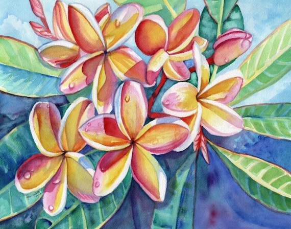 Rainbow Plumeria Tropical Print from Kauai Hawaii, Flowers with Raindrops