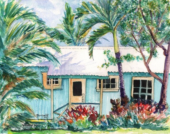 tropical plantation house kauai print paintings of houses kauai art hawaiian wall art cottage art work teal aqua kauaiartist