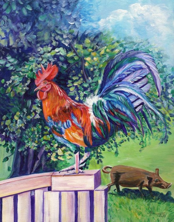 Rooster with Feral Pig at Kilohana on Kauai Hawaii Fine Art Print
