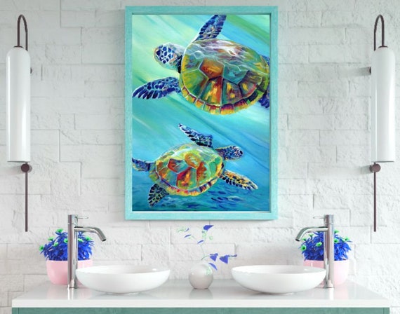 Swimming Sea Turtles, Under the Sea Art, Hawaii Wall Art, Hawaiian Prints, Ocean Life, Sea Animals, Kids Room Decor, honu, tropical design
