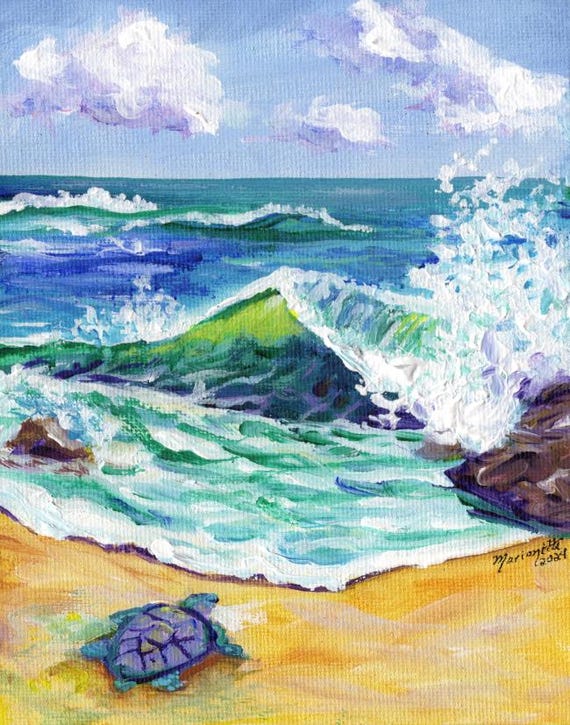 Hawaiian Honu Sea Turtle and Ocean Wave Art Print from Kauai Hawaii