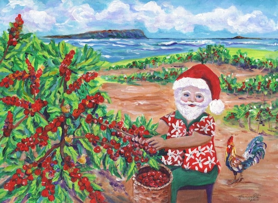 Santa Picking Coffee at Kokee Farms Harvest in Kauai Hawaii, Original Acrylic Painting, Mele Kalikimaka, Island of Niihau